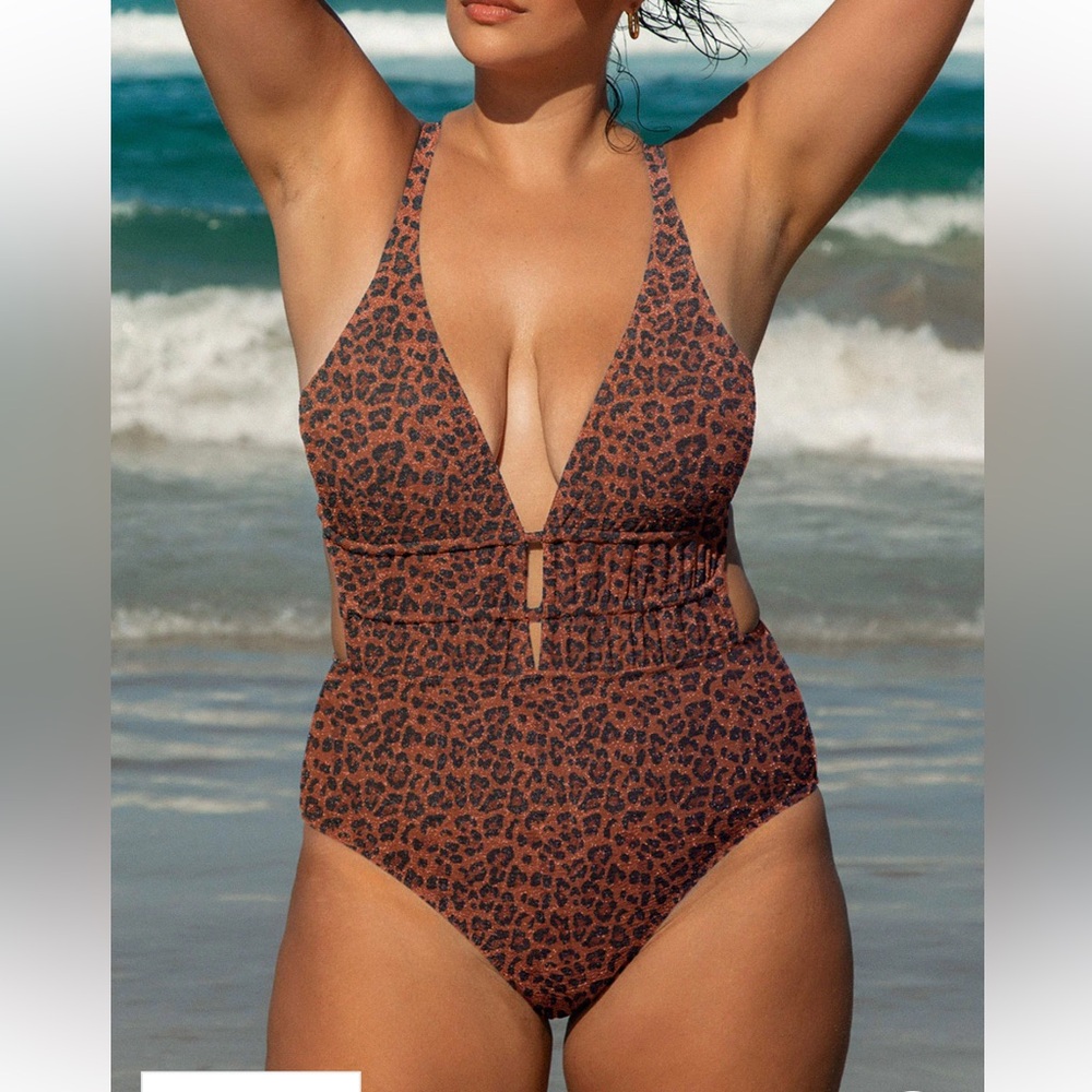 NWT Berlook Leopard Print Deep V One-Piece Swimsuit - Brown
